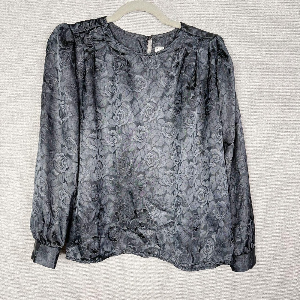 Vintage 80s Vis A Vis Victorian Regency Top Womens Size S Black Floral Satin USA